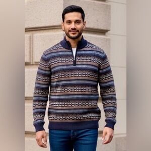 NWT Saltwell England Men's Blue FairIsle Quarter Zip Knitted Sweater M